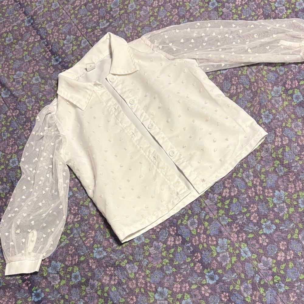 SHEIN Kids White Button-Down Shirt with Sheer Sleeves
